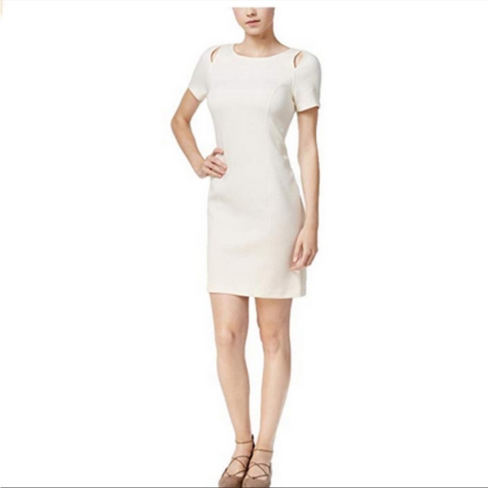 Kensie Ivory Sheath Dress XS Basketweave Shoulder Cut Out